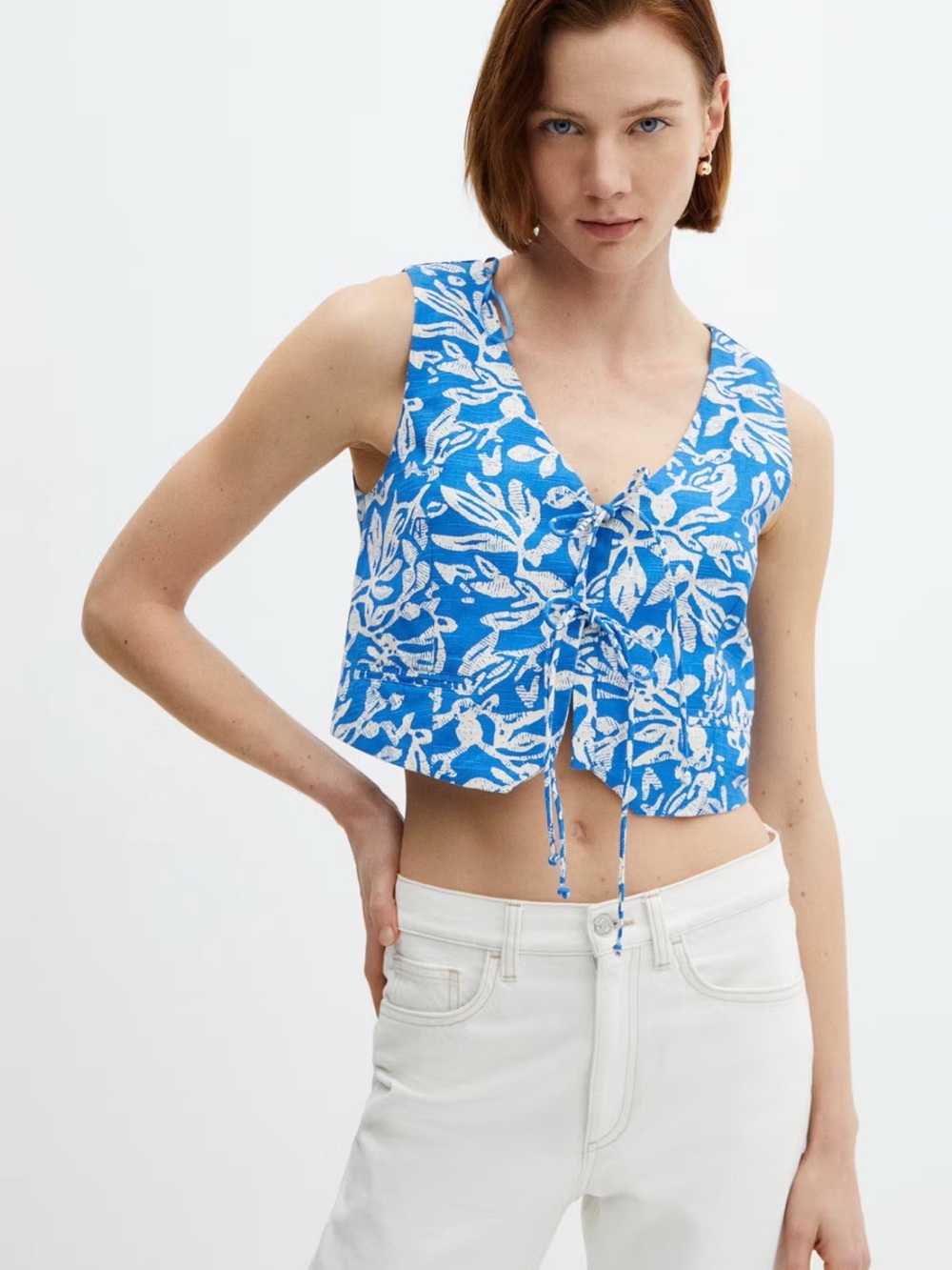 Mango Blue Floral Tie-Front Top
